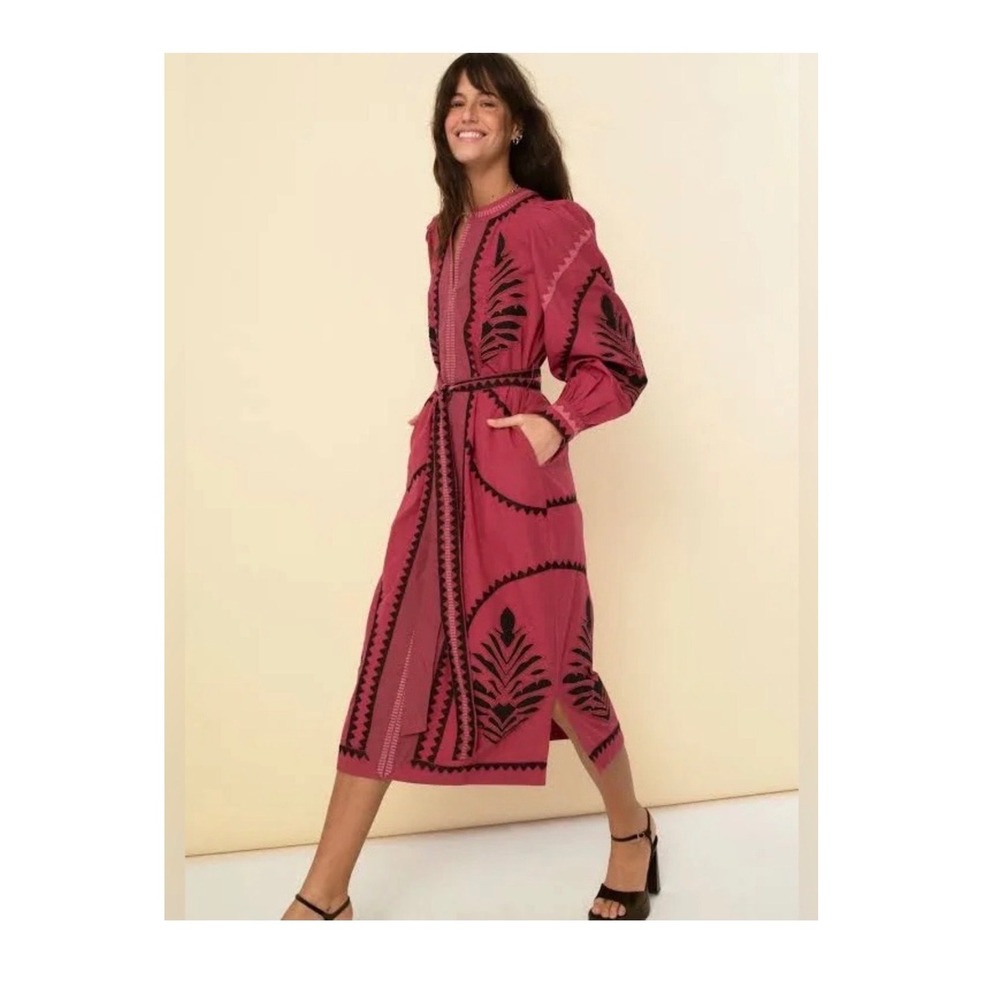 Sonmer Susan Dress Womens XS Fuchsia Pink Embroidered Cotton Boho Midi Pockets